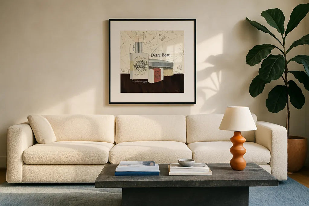 Grooming I by Emily Adams. Displayed in a glass frame with matte in a clean modern living room. Available as an archival giclee rolled canvas, fine art paper, or poster print. SKU 16851a.