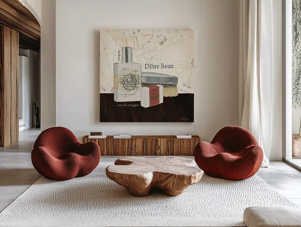 Grooming I by Emily Adams. Shown as extra-large giant wall art in a modern living room. Available as an archival giclee rolled canvas, fine art paper, or poster print. SKU 16851a.