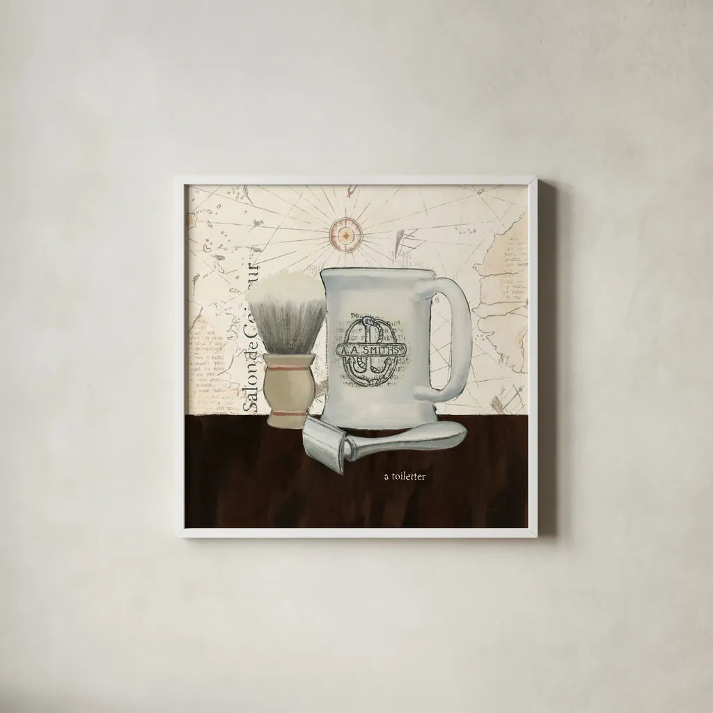 Grooming II by Emily Adams. Shown in a crisp white glass frame for a clean and minimalist style. Available as an archival giclee rolled canvas, fine art paper, or poster print. SKU 16852a.