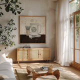 Grooming II by Emily Adams. Shown in a natural wood frame in a cozy modern living room. Available as an archival giclee rolled canvas, fine art paper, or poster print. SKU 16852a.