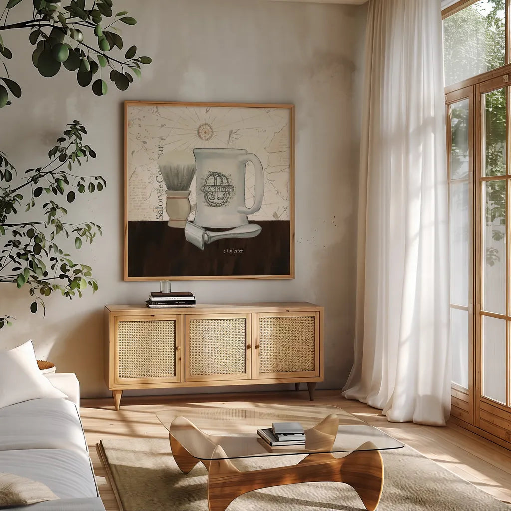 Grooming II by Emily Adams. Shown in a natural wood frame in a cozy modern living room. Available as an archival giclee rolled canvas, fine art paper, or poster print. SKU 16852a.