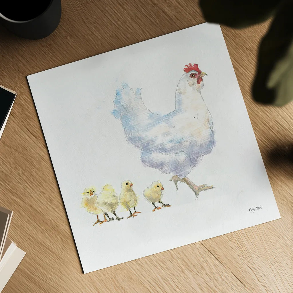 Hen and Chickens by Emily Adams. Shown as a detailed flat fine art print, highlighting archival giclee quality. Available as an archival giclee rolled canvas, fine art paper, or poster print. SKU 23728a.