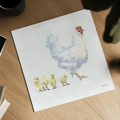 Hen and Chickens by Emily Adams. Shown as a detailed flat fine art print, highlighting archival giclee quality. Available as an archival giclee rolled canvas, fine art paper, or poster print. SKU 23728a.