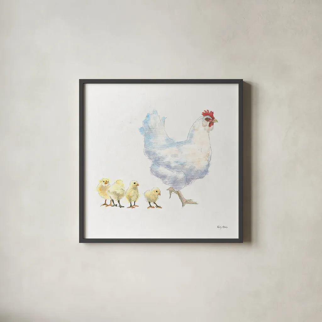 Hen and Chickens by Emily Adams. Shown in a sleek black glass frame for a contemporary gallery look. Available as an archival giclee rolled canvas, fine art paper, or poster print. SKU 23728a.