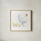 Hen and Chickens by Emily Adams. Shown in a natural wood glass frame for a timeless modern aesthetic. Available as an archival giclee rolled canvas, fine art paper, or poster print. SKU 23728a.