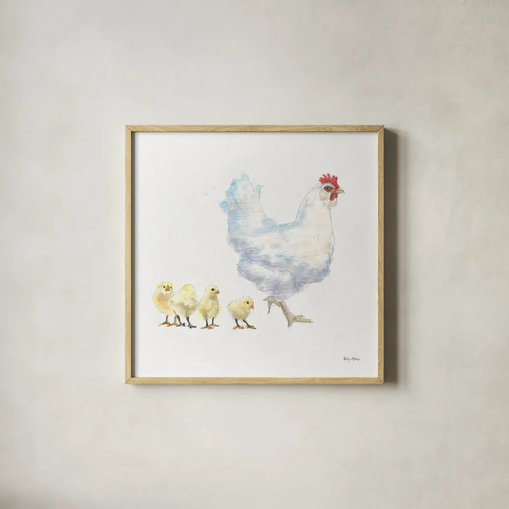 Hen and Chickens by Emily Adams. Shown in a natural wood glass frame for a timeless modern aesthetic. Available as an archival giclee rolled canvas, fine art paper, or poster print. SKU 23728a.