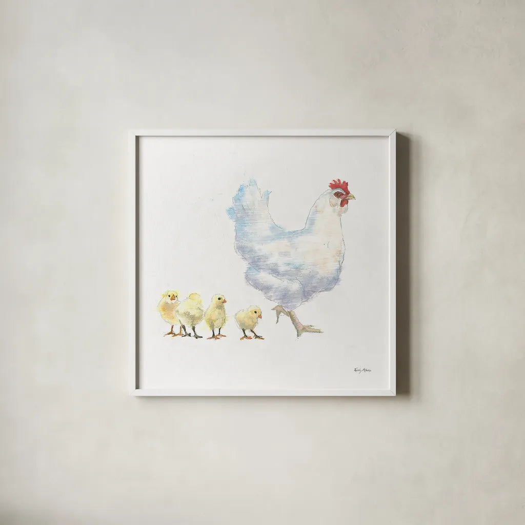 Hen and Chickens by Emily Adams. Shown in a crisp white glass frame for a clean and minimalist style. Available as an archival giclee rolled canvas, fine art paper, or poster print. SKU 23728a.