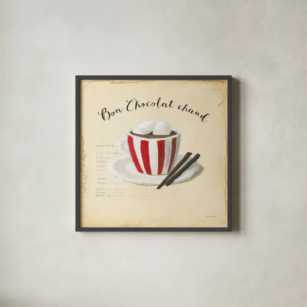 Holiday Cafe V by Emily Adams. Shown in a sleek black glass frame for a contemporary gallery look. Available as an archival giclee rolled canvas, fine art paper, or poster print. SKU 30938a.