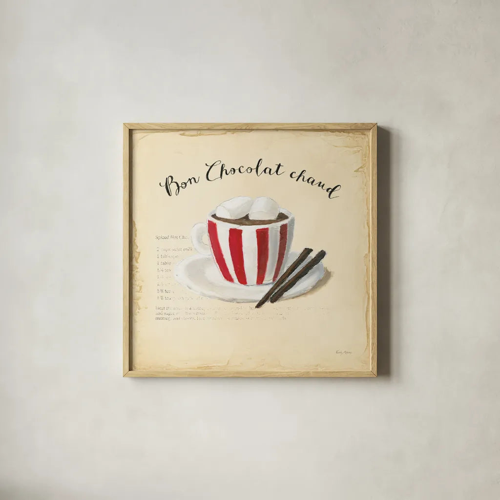 Holiday Cafe V by Emily Adams. Shown in a natural wood glass frame for a timeless modern aesthetic. Available as an archival giclee rolled canvas, fine art paper, or poster print. SKU 30938a.