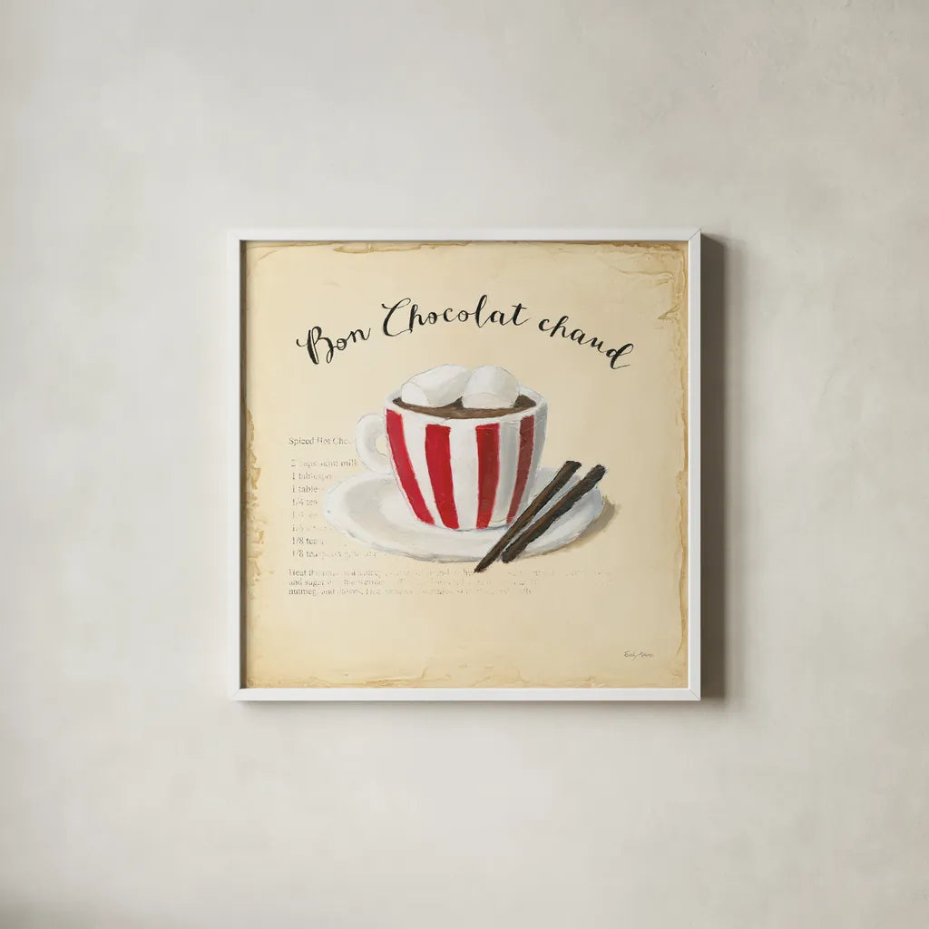 Holiday Cafe V by Emily Adams. Shown in a crisp white glass frame for a clean and minimalist style. Available as an archival giclee rolled canvas, fine art paper, or poster print. SKU 30938a.