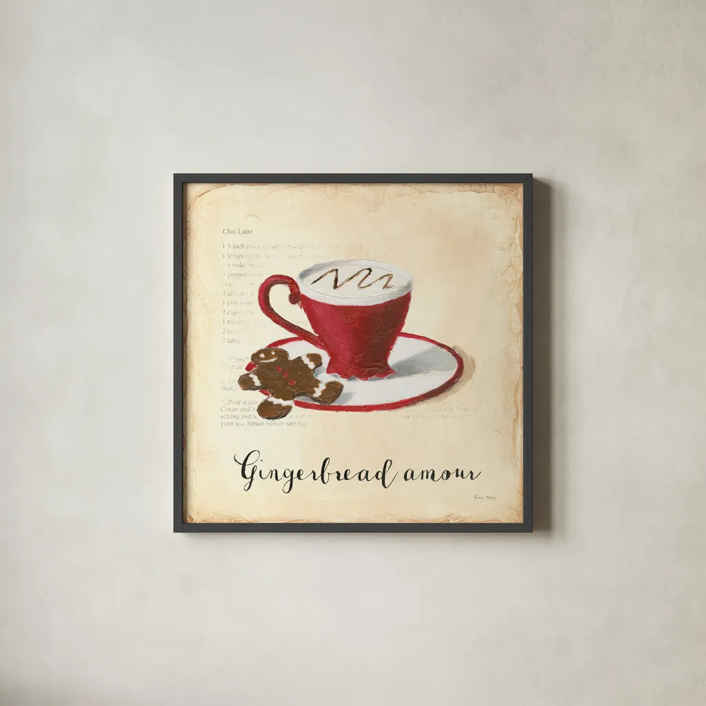 Holiday Cafe VI by Emily Adams. Shown in a sleek black glass frame for a contemporary gallery look. Available as an archival giclee rolled canvas, fine art paper, or poster print. SKU 30939a.