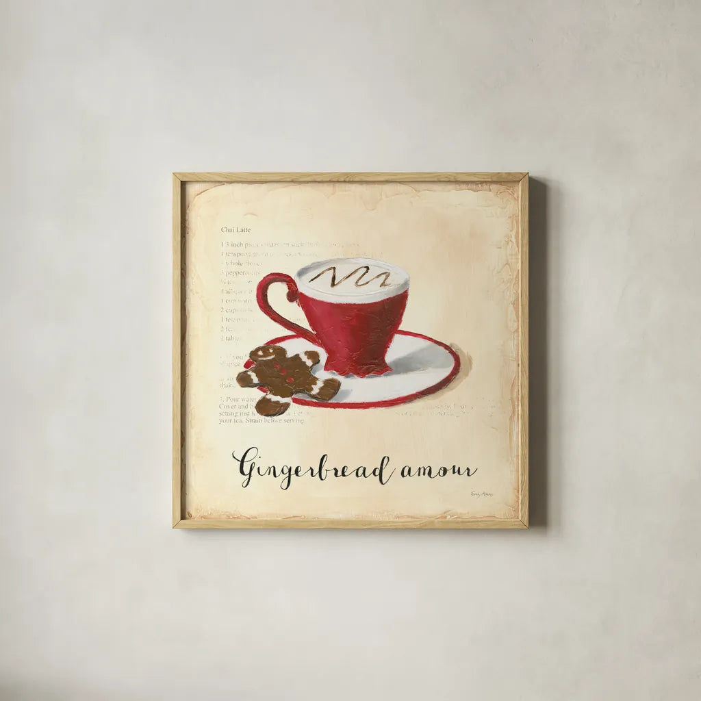 Holiday Cafe VI by Emily Adams. Shown in a natural wood glass frame for a timeless modern aesthetic. Available as an archival giclee rolled canvas, fine art paper, or poster print. SKU 30939a.