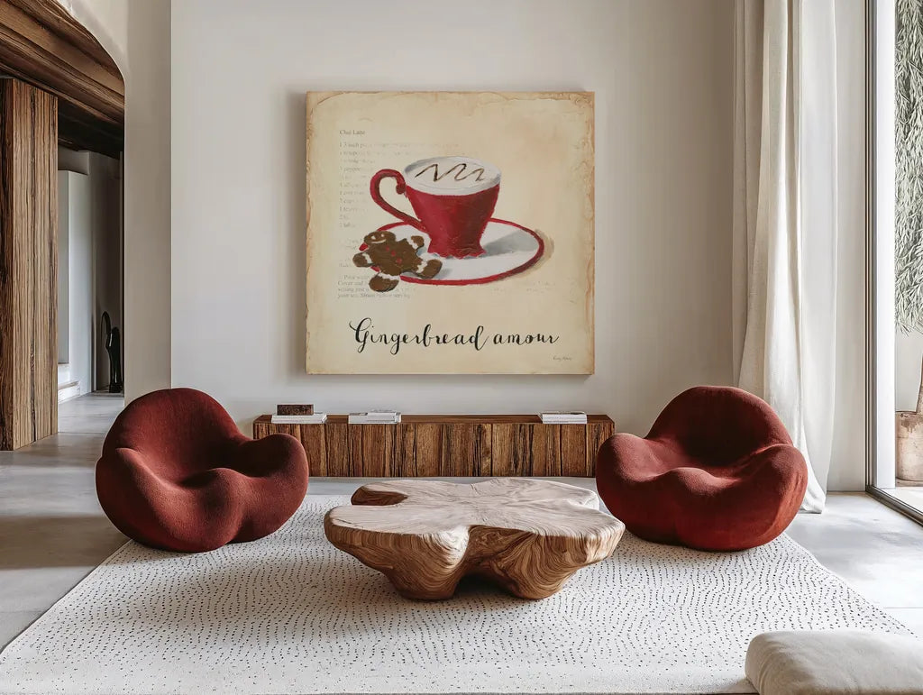Holiday Cafe VI by Emily Adams. Shown as extra-large giant wall art in a modern living room. Available as an archival giclee rolled canvas, fine art paper, or poster print. SKU 30939a.