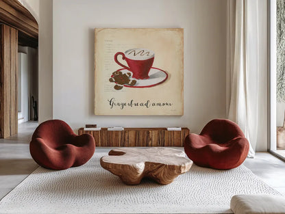 Holiday Cafe VI by Emily Adams. Shown as extra-large giant wall art in a modern living room. Available as an archival giclee rolled canvas, fine art paper, or poster print. SKU 30939a.