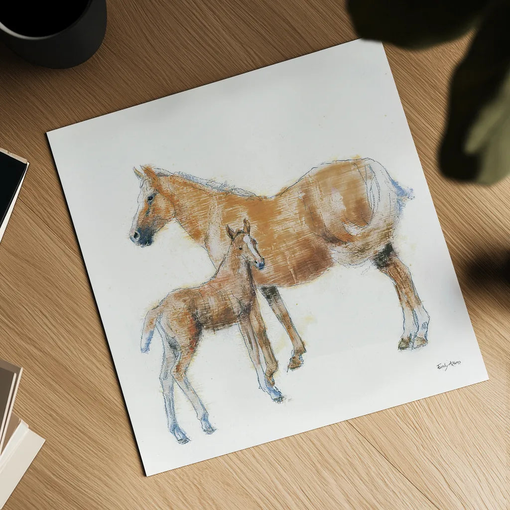 Horse and Colt by Emily Adams. Shown as a detailed flat fine art print, highlighting archival giclee quality. Available as an archival giclee rolled canvas, fine art paper, or poster print. SKU 23727a.