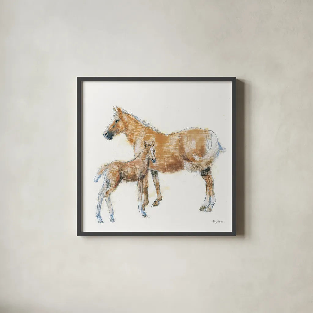 Horse and Colt by Emily Adams. Shown in a sleek black glass frame for a contemporary gallery look. Available as an archival giclee rolled canvas, fine art paper, or poster print. SKU 23727a.