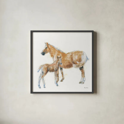 Horse and Colt by Emily Adams. Shown in a sleek black glass frame for a contemporary gallery look. Available as an archival giclee rolled canvas, fine art paper, or poster print. SKU 23727a.