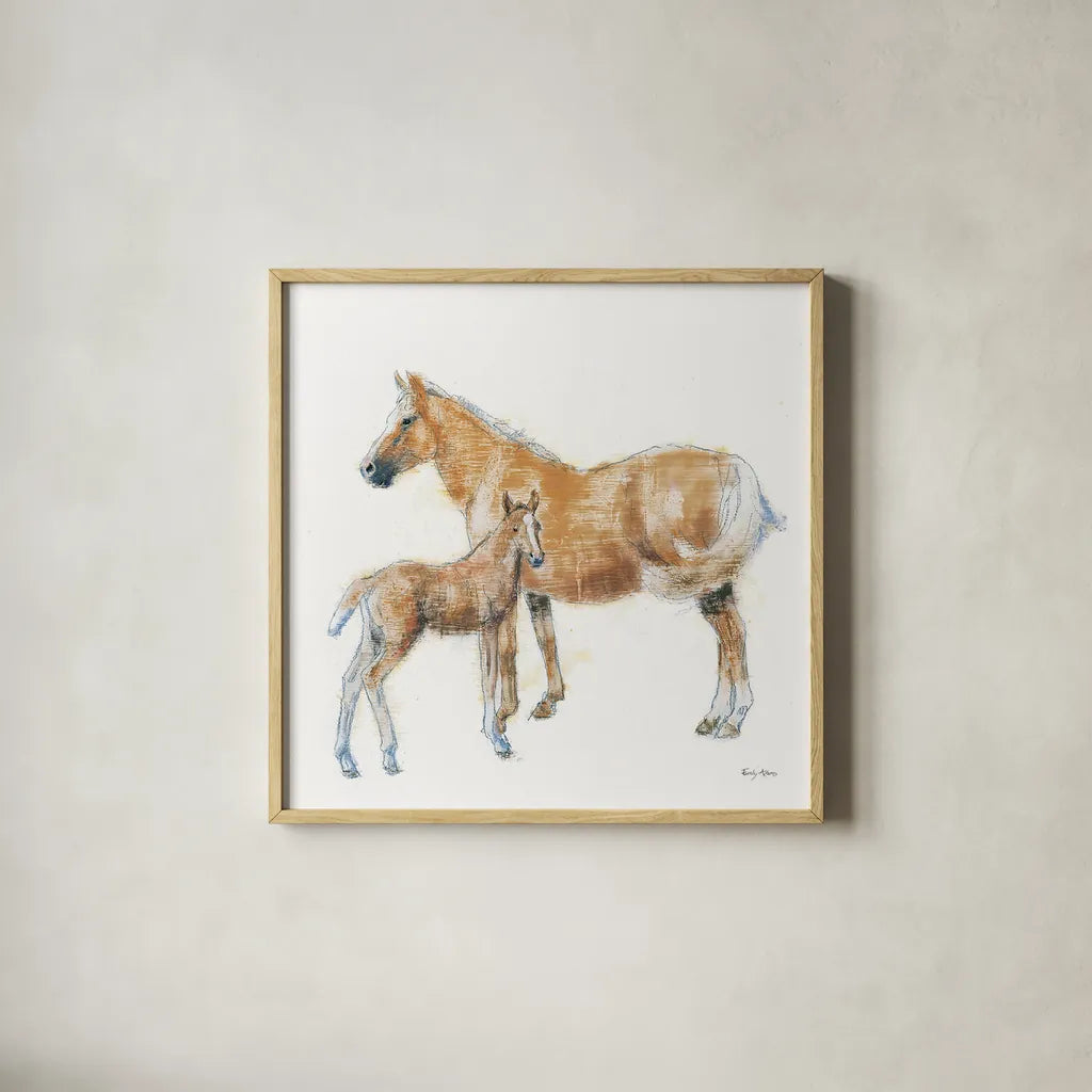 Horse and Colt by Emily Adams. Shown in a natural wood glass frame for a timeless modern aesthetic. Available as an archival giclee rolled canvas, fine art paper, or poster print. SKU 23727a.