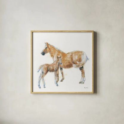 Horse and Colt by Emily Adams. Shown in a natural wood glass frame for a timeless modern aesthetic. Available as an archival giclee rolled canvas, fine art paper, or poster print. SKU 23727a.