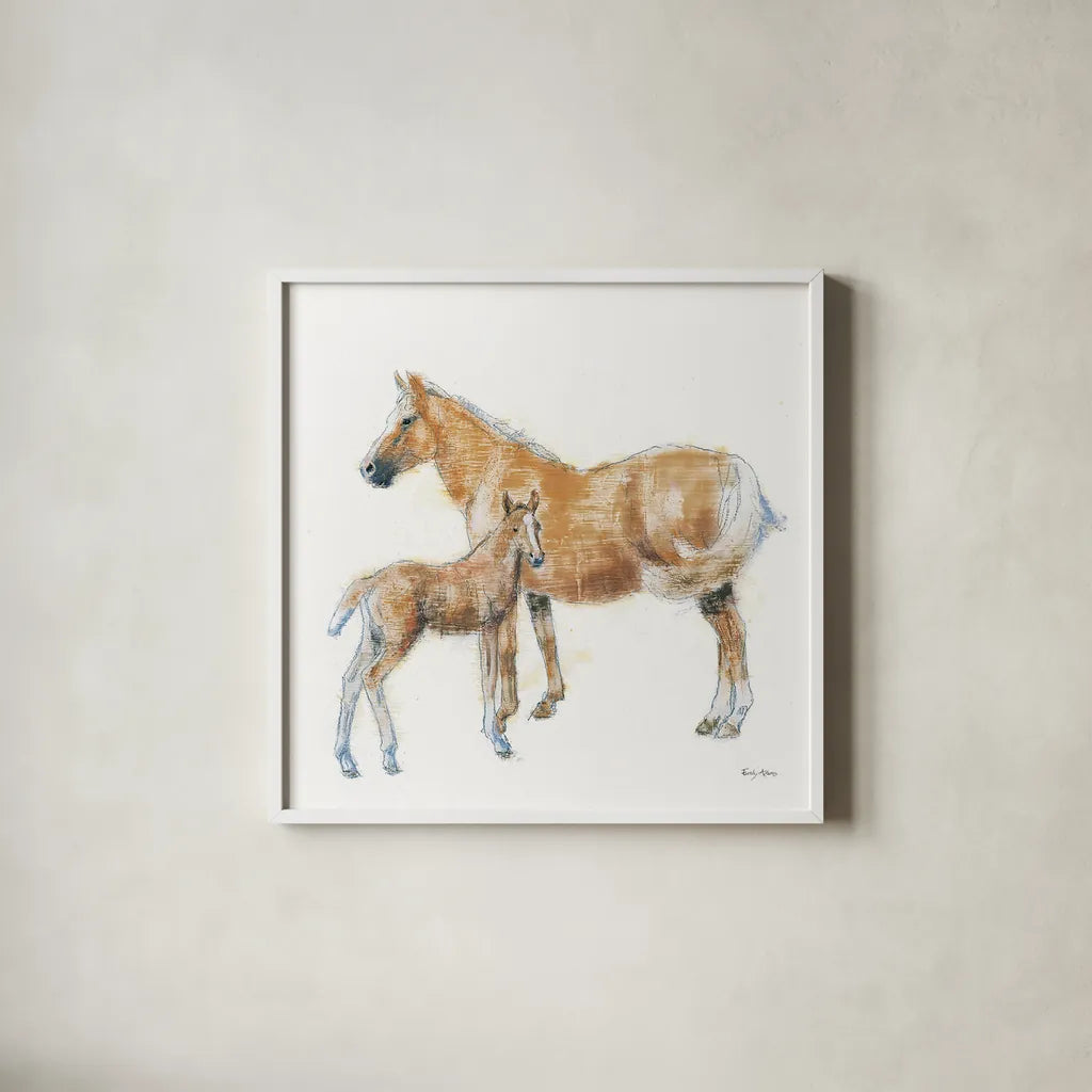 Horse and Colt by Emily Adams. Shown in a crisp white glass frame for a clean and minimalist style. Available as an archival giclee rolled canvas, fine art paper, or poster print. SKU 23727a.