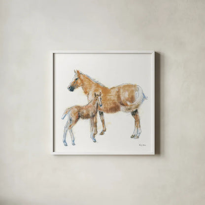 Horse and Colt by Emily Adams. Shown in a crisp white glass frame for a clean and minimalist style. Available as an archival giclee rolled canvas, fine art paper, or poster print. SKU 23727a.