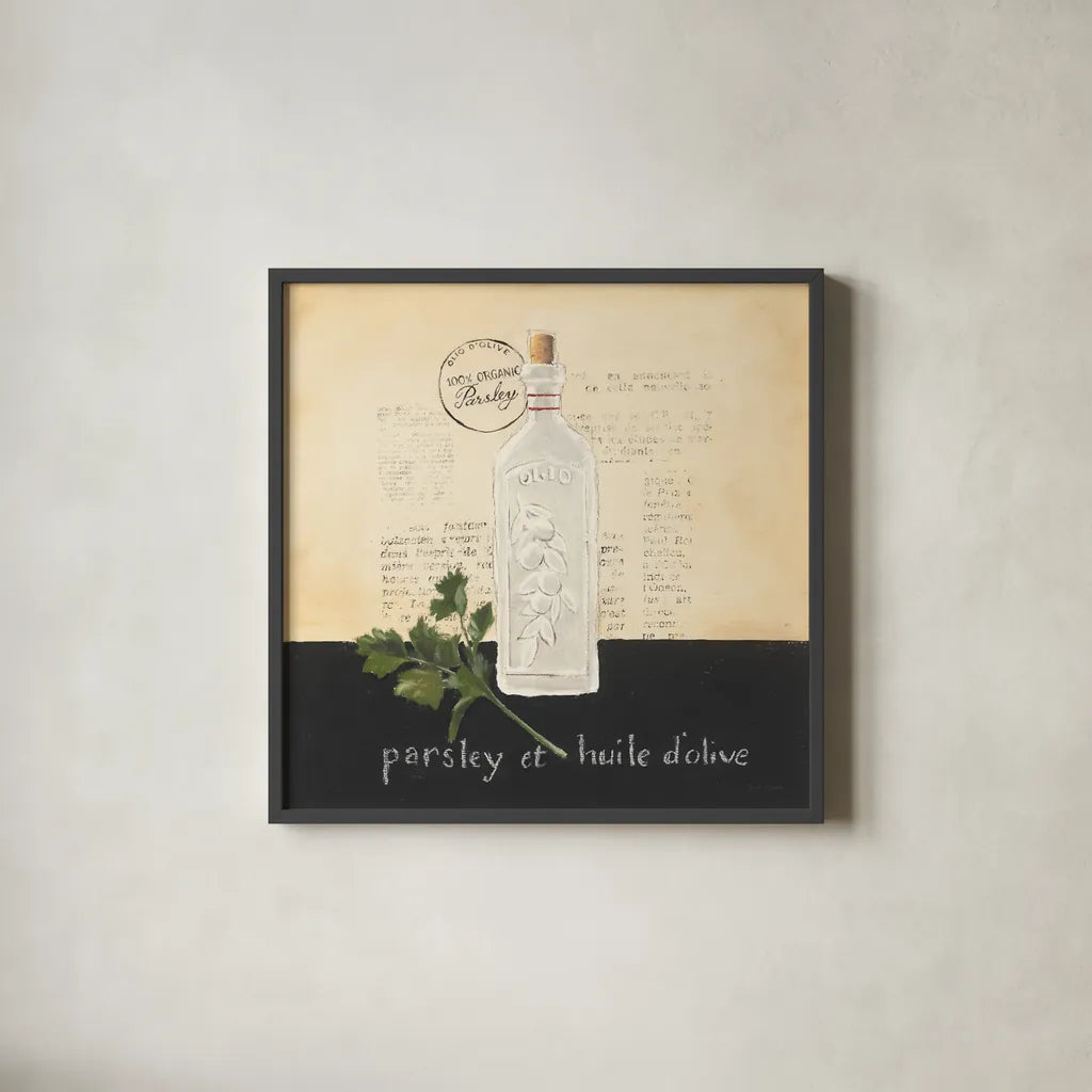 Huile d Olive I by Emily Adams. Shown in a sleek black glass frame for a contemporary gallery look. Available as an archival giclee rolled canvas, fine art paper, or poster print. SKU 11370a.