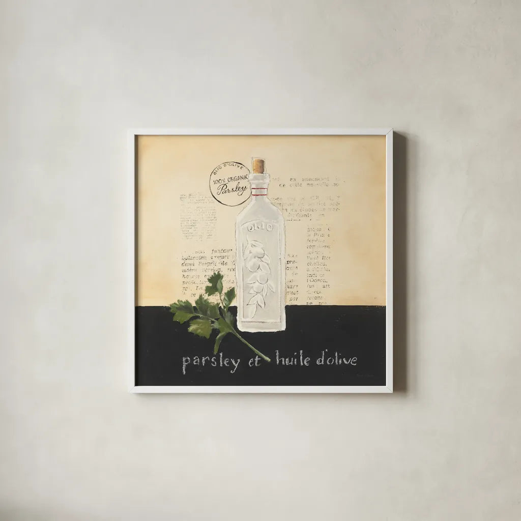 Huile d Olive I by Emily Adams. Shown in a crisp white glass frame for a clean and minimalist style. Available as an archival giclee rolled canvas, fine art paper, or poster print. SKU 11370a.