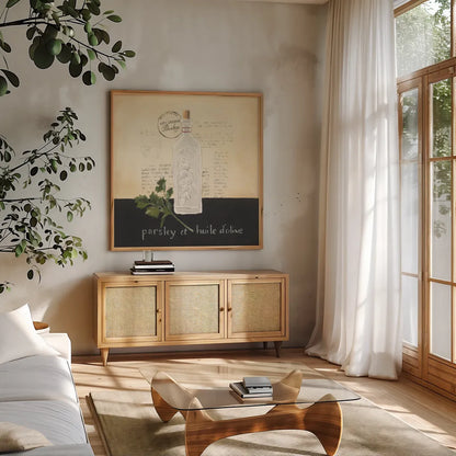 Huile d Olive I by Emily Adams. Shown in a natural wood frame in a cozy modern living room. Available as an archival giclee rolled canvas, fine art paper, or poster print. SKU 11370a.