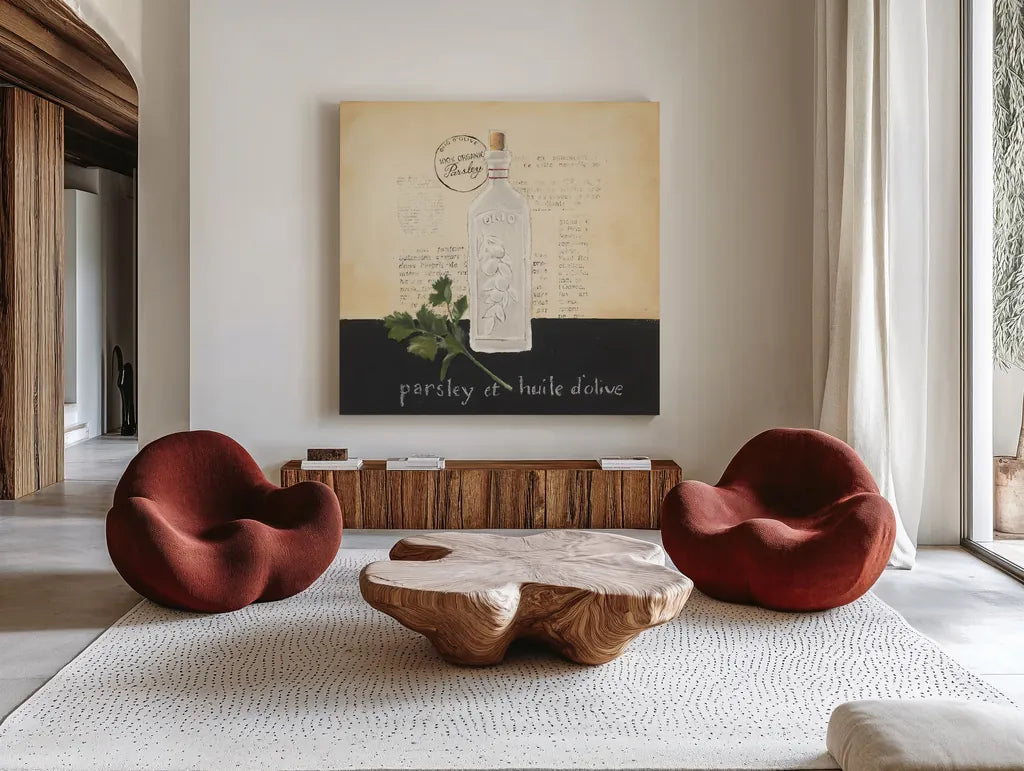 Huile d Olive I by Emily Adams. Shown as extra-large giant wall art in a modern living room. Available as an archival giclee rolled canvas, fine art paper, or poster print. SKU 11370a.