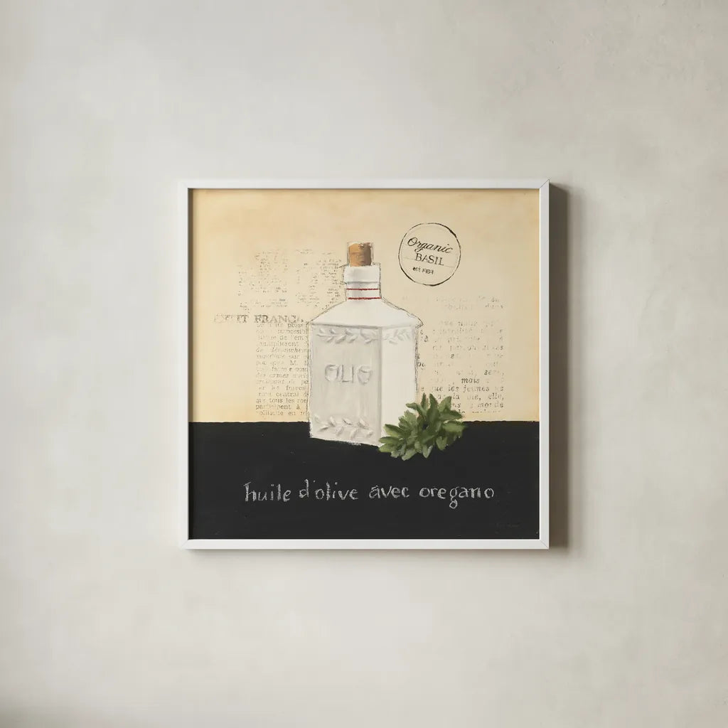 Huile d Olive II by Emily Adams. Shown in a crisp white glass frame for a clean and minimalist style. Available as an archival giclee rolled canvas, fine art paper, or poster print. SKU 11371a.
