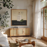 Huile d Olive II by Emily Adams. Shown in a natural wood frame in a cozy modern living room. Available as an archival giclee rolled canvas, fine art paper, or poster print. SKU 11371a.