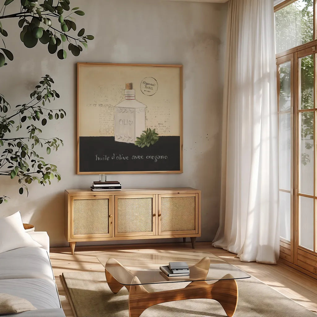 Huile d Olive II by Emily Adams. Shown in a natural wood frame in a cozy modern living room. Available as an archival giclee rolled canvas, fine art paper, or poster print. SKU 11371a.