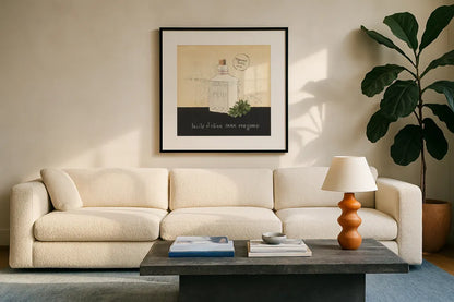 Huile d Olive II by Emily Adams. Displayed in a glass frame with matte in a clean modern living room. Available as an archival giclee rolled canvas, fine art paper, or poster print. SKU 11371a.