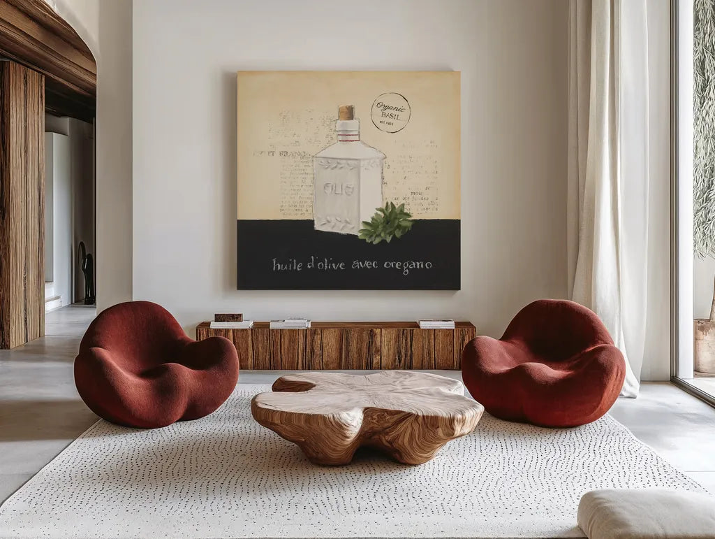 Huile d Olive II by Emily Adams. Shown as extra-large giant wall art in a modern living room. Available as an archival giclee rolled canvas, fine art paper, or poster print. SKU 11371a.