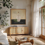 Huile d Olive III by Emily Adams. Shown in a natural wood frame in a cozy modern living room. Available as an archival giclee rolled canvas, fine art paper, or poster print. SKU 11372a.