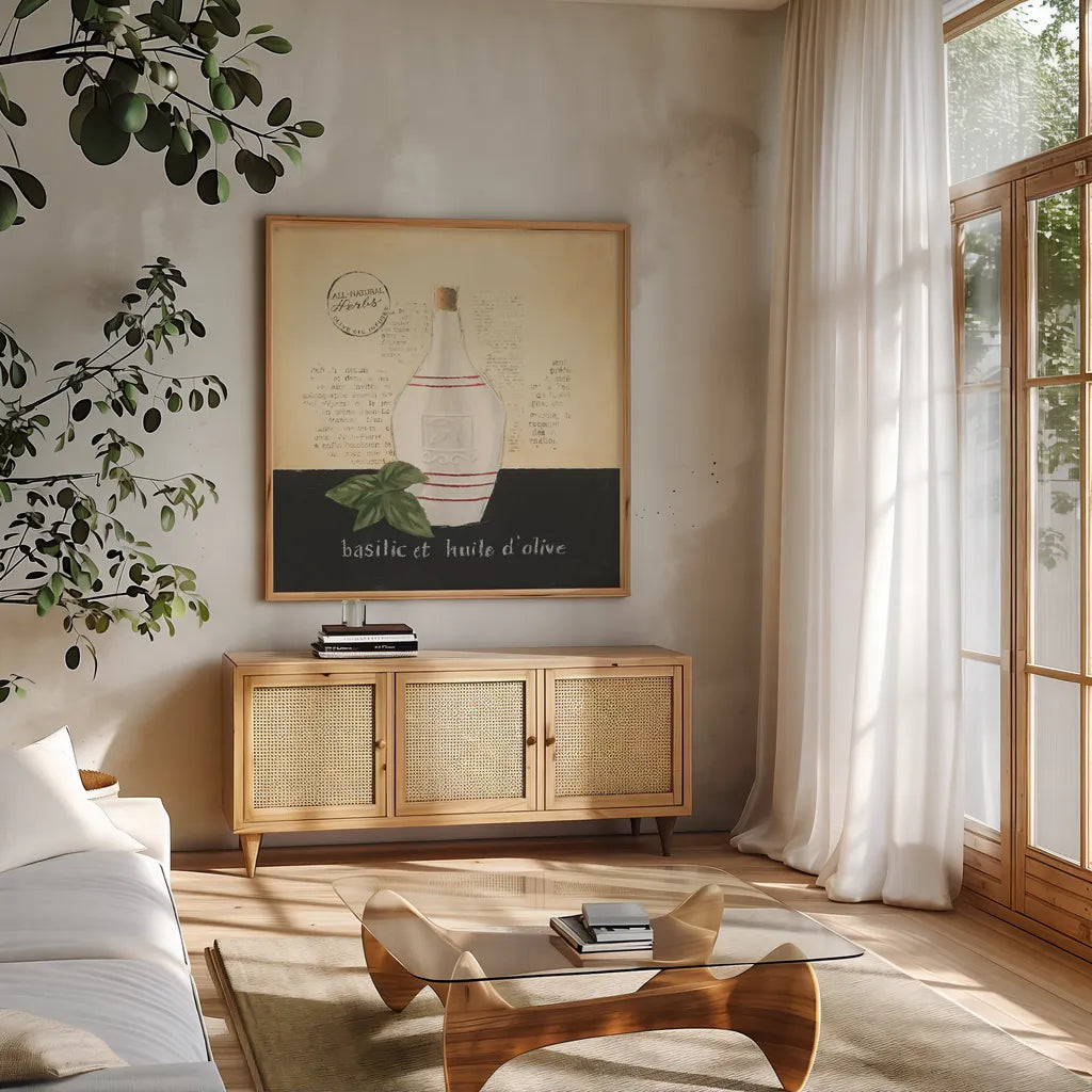 Huile d Olive III by Emily Adams. Shown in a natural wood frame in a cozy modern living room. Available as an archival giclee rolled canvas, fine art paper, or poster print. SKU 11372a.