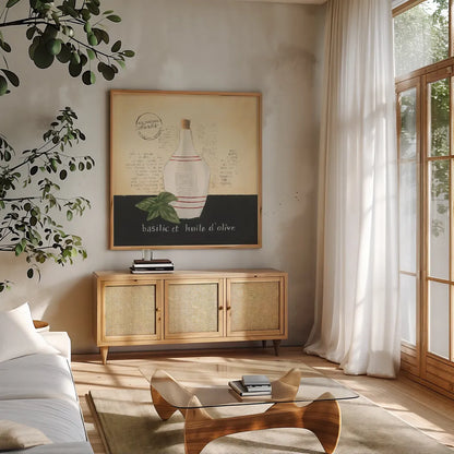 Huile d Olive III by Emily Adams. Shown in a natural wood frame in a cozy modern living room. Available as an archival giclee rolled canvas, fine art paper, or poster print. SKU 11372a.