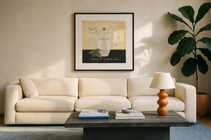 Huile d Olive III by Emily Adams. Displayed in a glass frame with matte in a clean modern living room. Available as an archival giclee rolled canvas, fine art paper, or poster print. SKU 11372a.