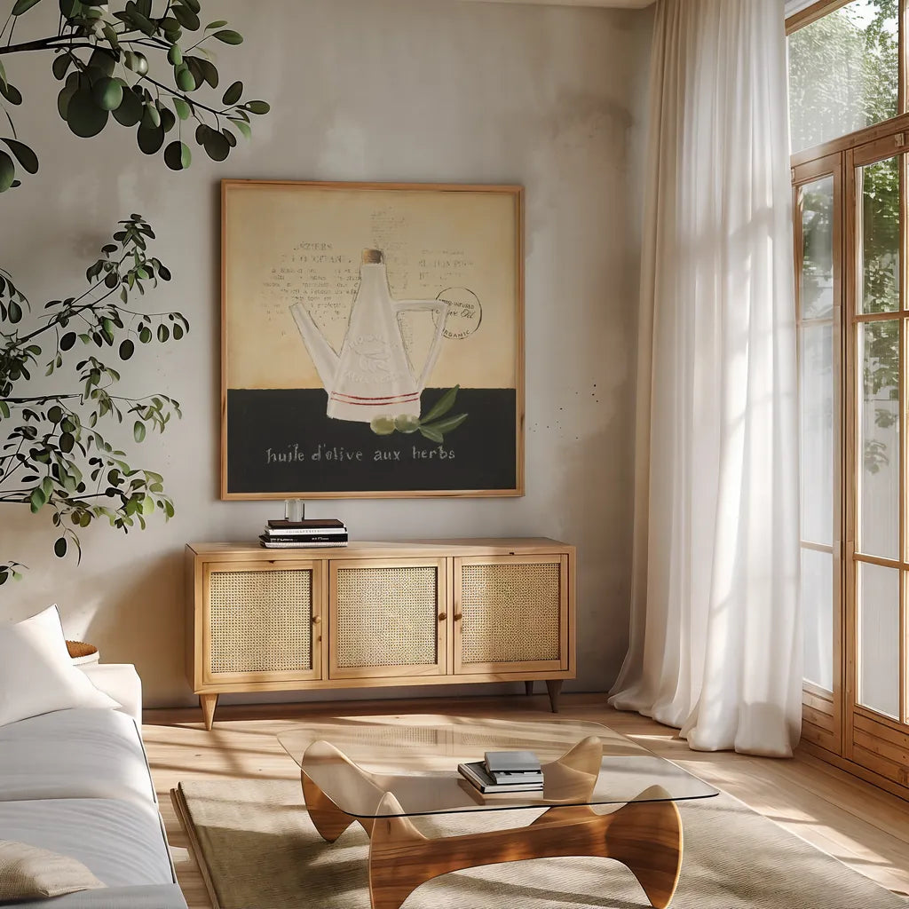 Huile d Olive IV by Emily Adams. Shown in a natural wood frame in a cozy modern living room. Available as an archival giclee rolled canvas, fine art paper, or poster print. SKU 11373a.