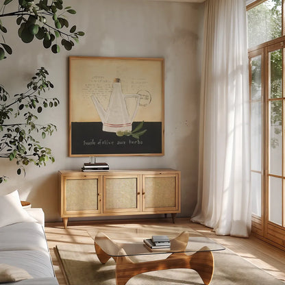 Huile d Olive IV by Emily Adams. Shown in a natural wood frame in a cozy modern living room. Available as an archival giclee rolled canvas, fine art paper, or poster print. SKU 11373a.