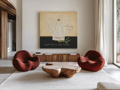 Huile d Olive IV by Emily Adams. Shown as extra-large giant wall art in a modern living room. Available as an archival giclee rolled canvas, fine art paper, or poster print. SKU 11373a.
