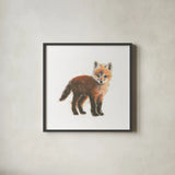 Into the Woods Fox by Emily Adams. Shown in a sleek black glass frame for a contemporary gallery look. Available as an archival giclee rolled canvas, fine art paper, or poster print. SKU 27153a.