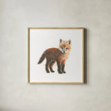 Into the Woods Fox by Emily Adams. Shown in a natural wood glass frame for a timeless modern aesthetic. Available as an archival giclee rolled canvas, fine art paper, or poster print. SKU 27153a.