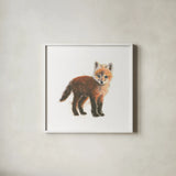 Into the Woods Fox by Emily Adams. Shown in a crisp white glass frame for a clean and minimalist style. Available as an archival giclee rolled canvas, fine art paper, or poster print. SKU 27153a.