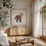 Into the Woods Fox by Emily Adams. Shown in a natural wood frame in a cozy modern living room. Available as an archival giclee rolled canvas, fine art paper, or poster print. SKU 27153a.