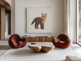 Into the Woods Fox by Emily Adams. Shown as extra-large giant wall art in a modern living room. Available as an archival giclee rolled canvas, fine art paper, or poster print. SKU 27153a.