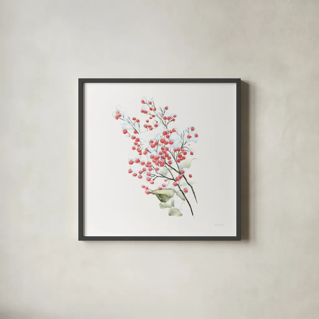 Into the Woods Holly by Emily Adams. Shown in a sleek black glass frame for a contemporary gallery look. Available as an archival giclee rolled canvas, fine art paper, or poster print. SKU 30991a.