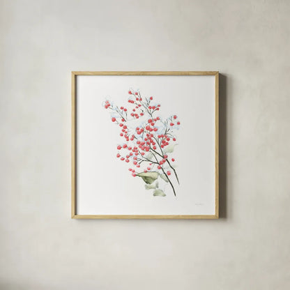 Into the Woods Holly by Emily Adams. Shown in a natural wood glass frame for a timeless modern aesthetic. Available as an archival giclee rolled canvas, fine art paper, or poster print. SKU 30991a.