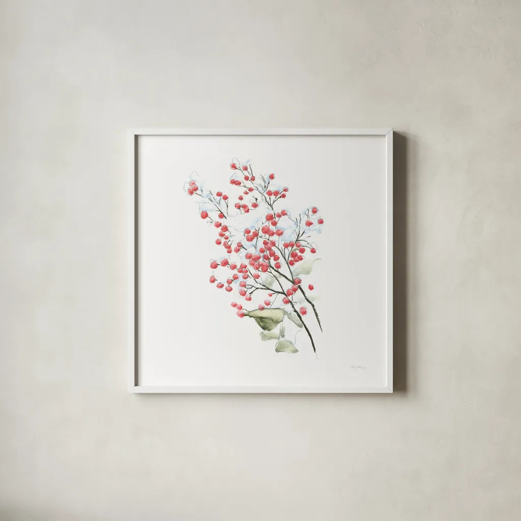 Into the Woods Holly by Emily Adams. Shown in a crisp white glass frame for a clean and minimalist style. Available as an archival giclee rolled canvas, fine art paper, or poster print. SKU 30991a.