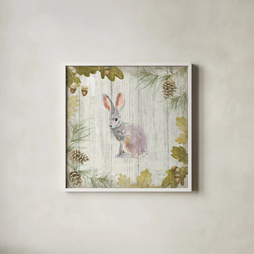 Into the Woods I on Barn Board by Emily Adams. Shown in a crisp white glass frame for a clean and minimalist style. Available as an archival giclee rolled canvas, fine art paper, or poster print. SKU 26472a.
